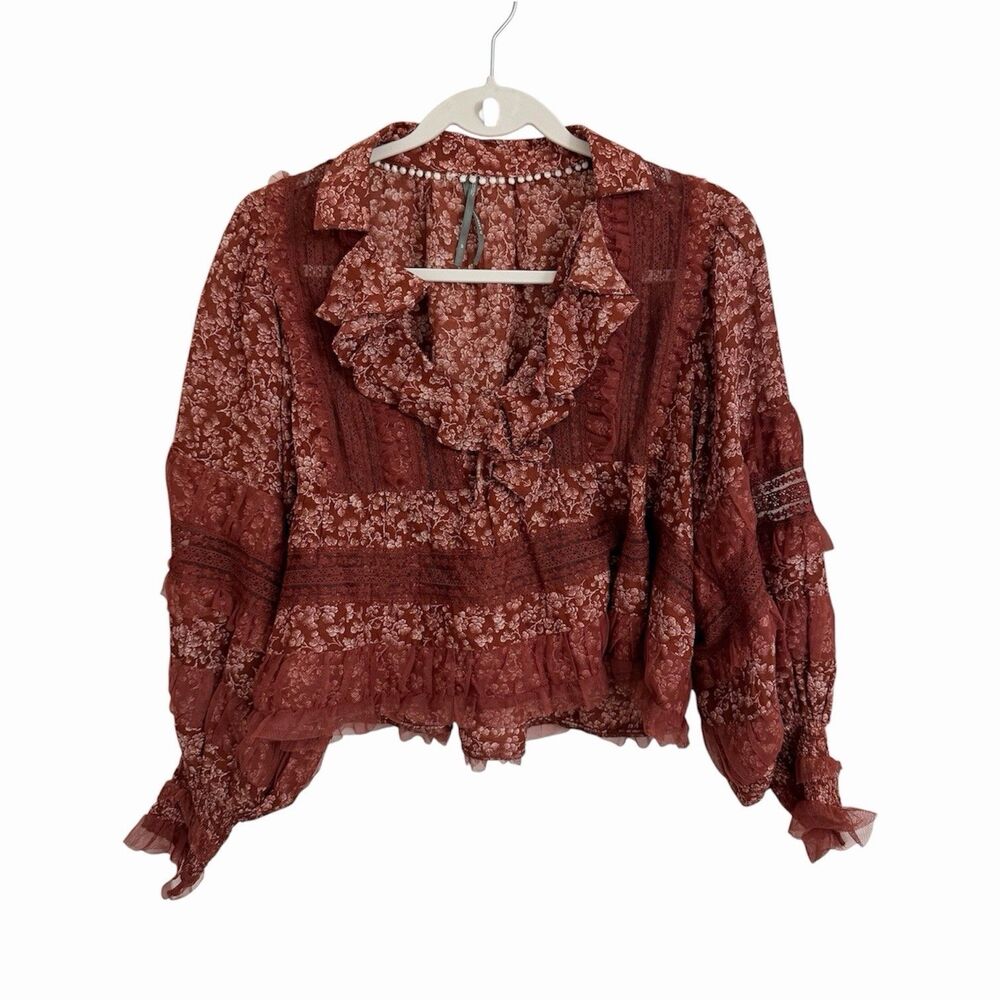 Anthropologie Blouse Small Petite SP Ruffled V-Neck Popover Terracotta Lace